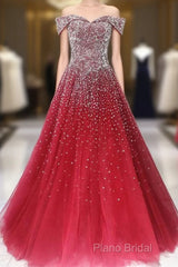 Red Tulle Beaded Off The Shoulder Long Party Gown, Red Formal Dresses