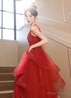 Red Tulle Halter A-line Long Evening Dress, Red Tulle Prom Dress Party Dress