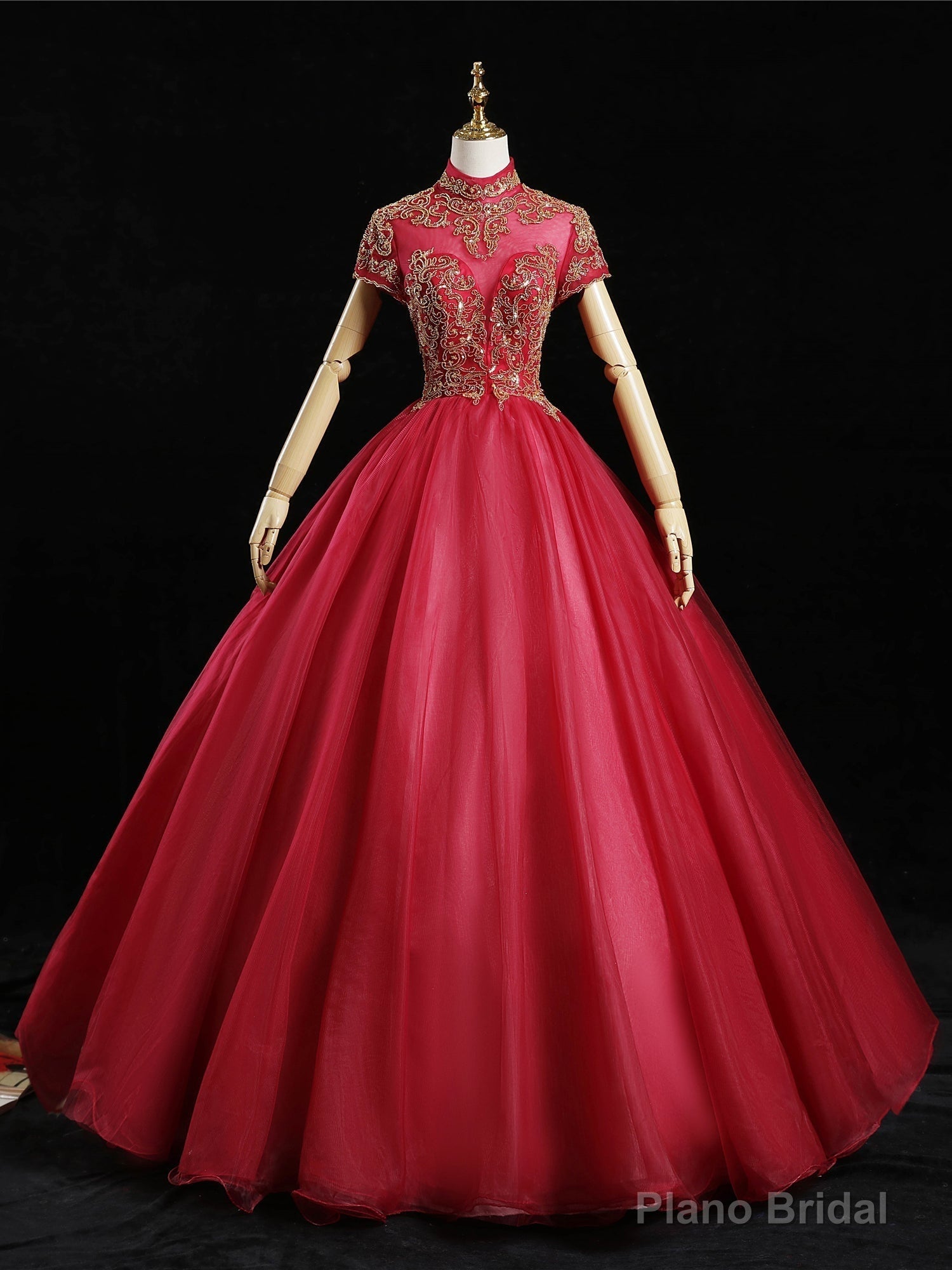 Red Tulle High Neck Cap Sleeve Beading Quinceanera Dress