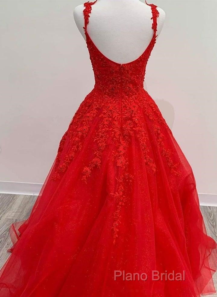 Red Tulle Lace Appliques Long Formal Prom Dresses A Line Formal Dresses