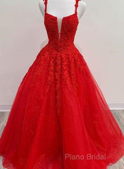 Red Tulle Lace Appliques Long Formal Prom Dresses A Line Formal Dresses
