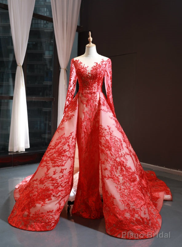 Red Tulle Lace Appliques Long Sleeve Prom Dress With Train Main image