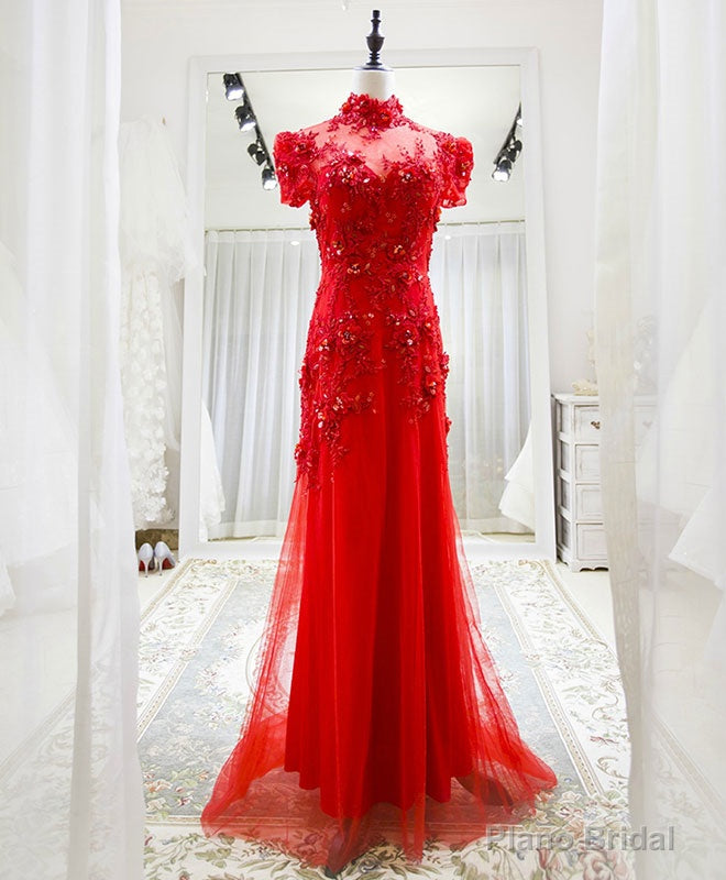 Red Tulle Lace Long Prom Dress, Red Lace Tulle Formal Dress Main image