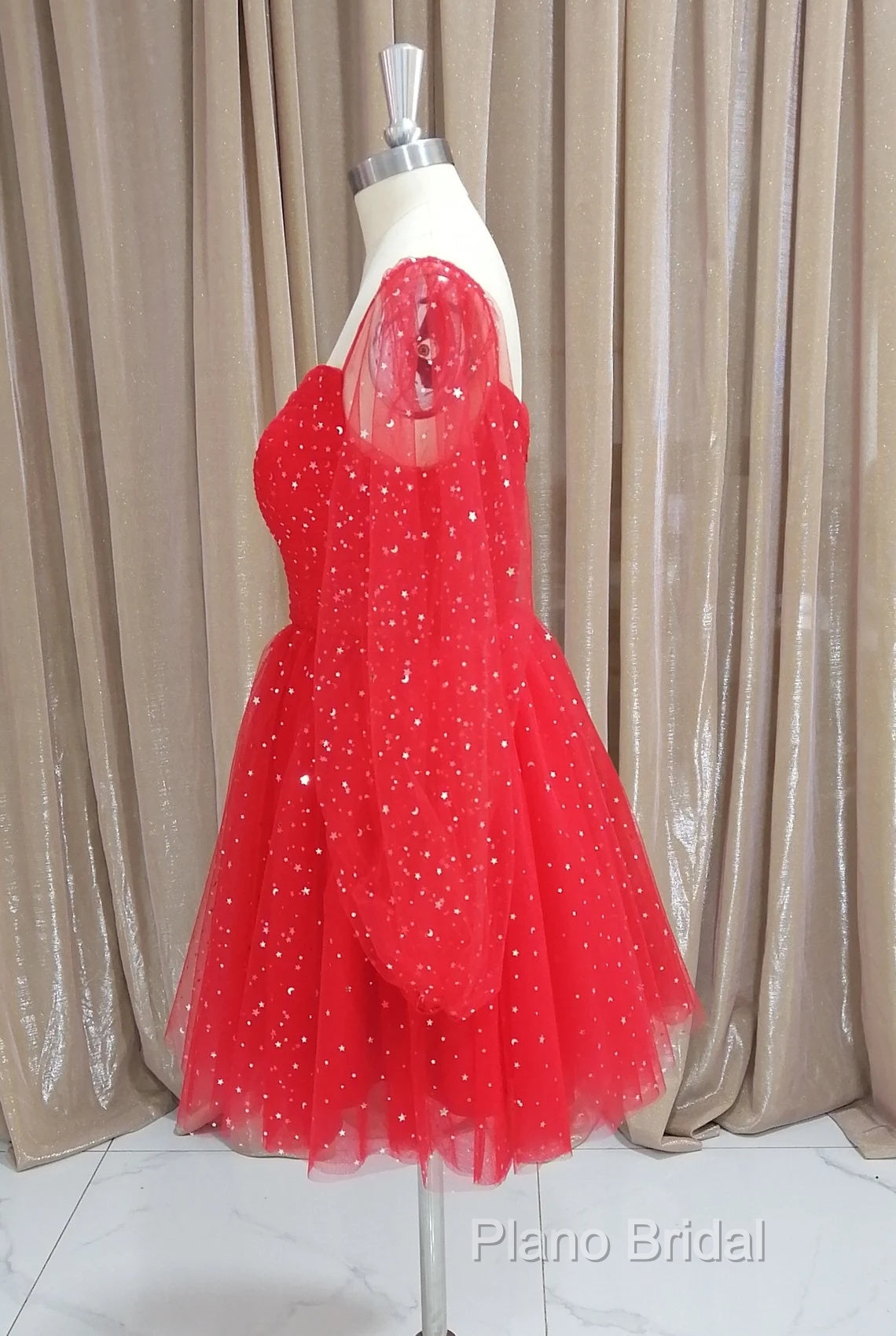 Red Tulle Long Puffy Sleeves Short Formal Prom Dresses, Red Tulle Homecoming Dresses