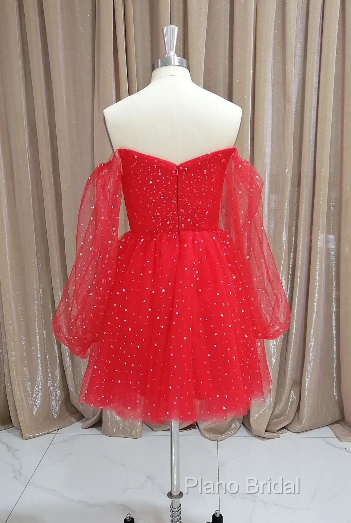 Red Tulle Long Puffy Sleeves Short Formal Prom Dresses, Red Tulle Homecoming Dresses