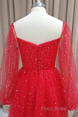 Red Tulle Long Puffy Sleeves Short Formal Prom Dresses, Red Tulle Homecoming Dresses