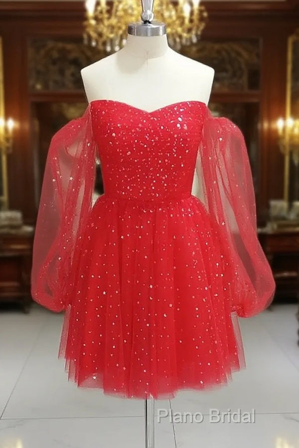 Red Tulle Long Puffy Sleeves Short Formal Prom Dresses, Red Tulle Homecoming Dresses Main image
