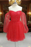Red Tulle Long Puffy Sleeves Short Formal Prom Dresses, Red Tulle Homecoming Dresses