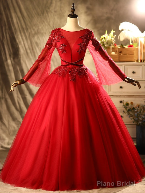 Red Tulle Long Sleeve Beading Sequins Quinceanera Dress Main image