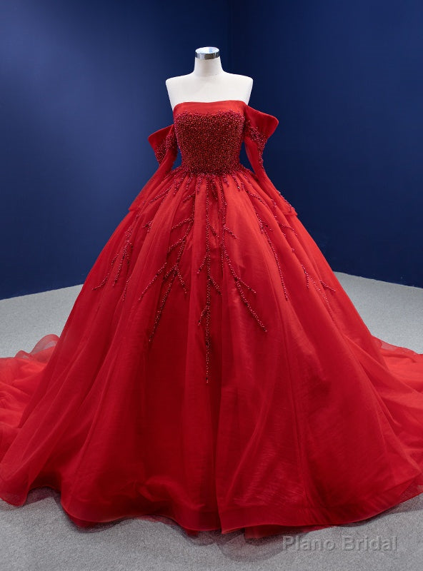 Red Tulle Long Sleeve Off the Shoulder Pearls Prom Dress Main image