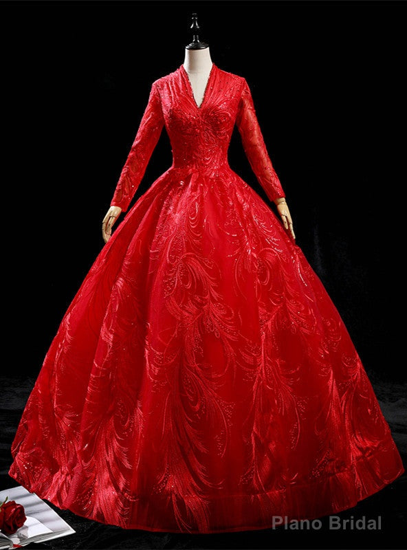 Red Tulle Long Sleeve V-neck Backless Quinceanera Dress