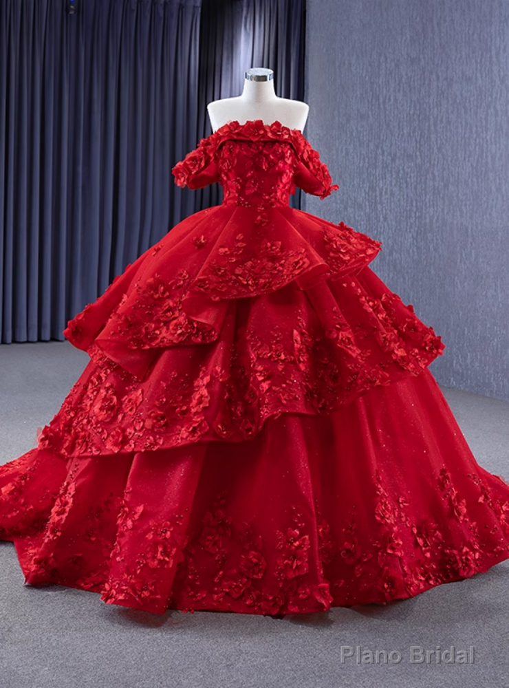 Red Tulle Off the Shoulder 3D Appliques Prom Dress Main image