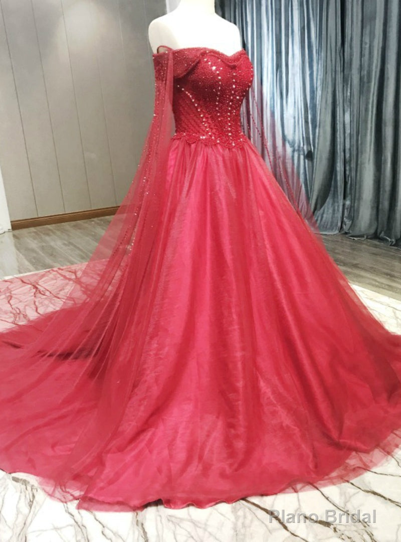 Red Tulle Off The Shoulder Beading Wedding Dress Main image