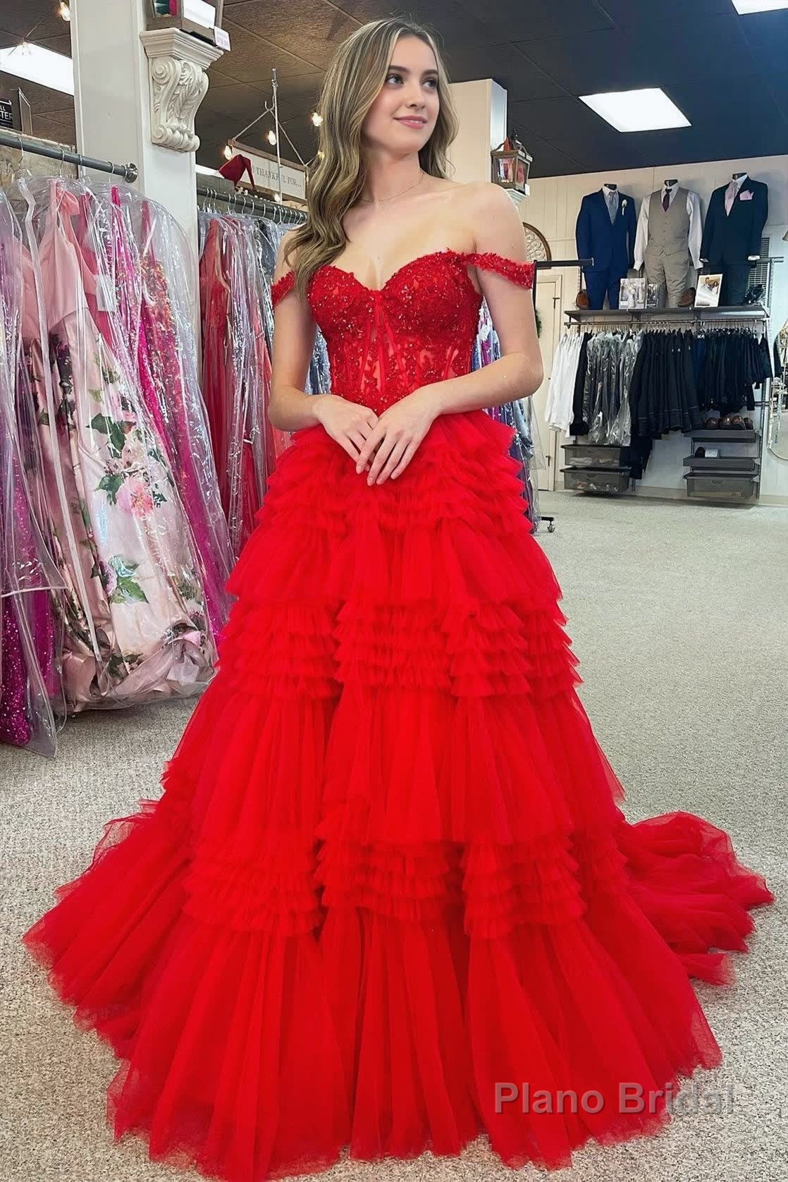 Red Tulle Off-the-Shoulder Ruffle Tiered Long Prom Dress Secondary image