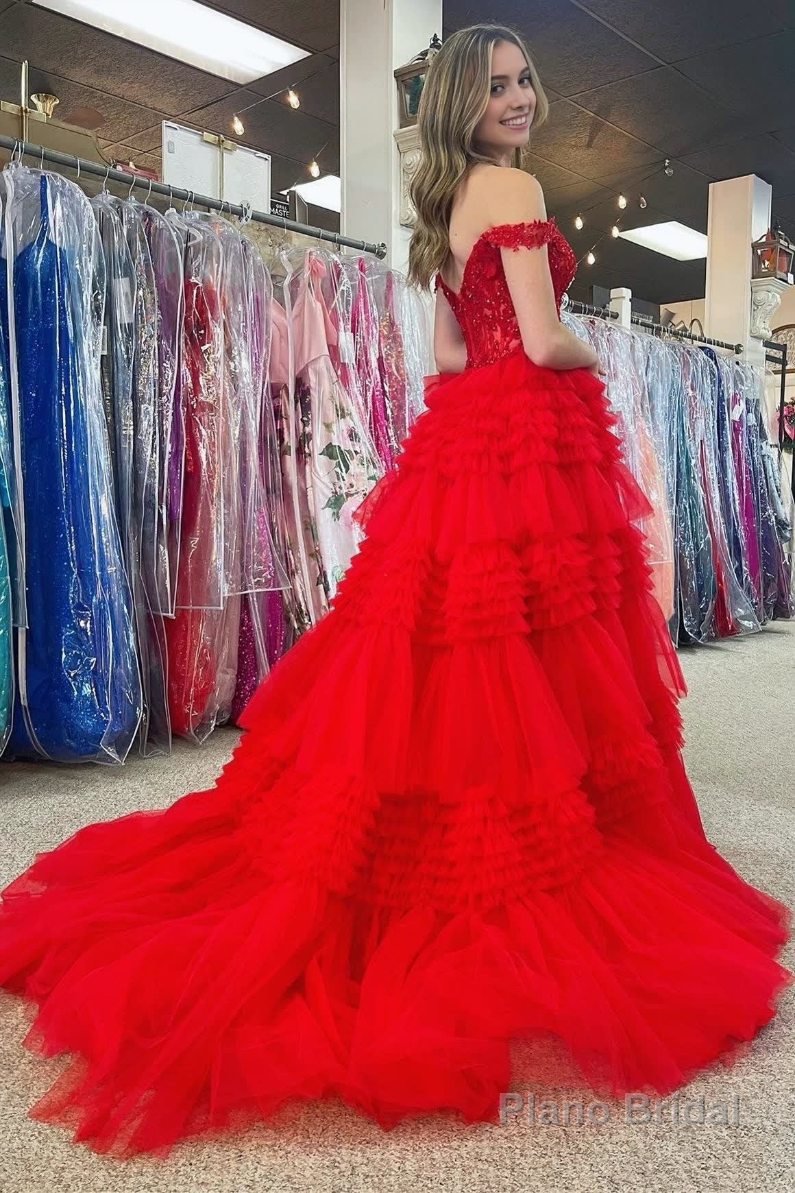 Red Tulle Off-the-Shoulder Ruffle Tiered Long Prom Dress Main image