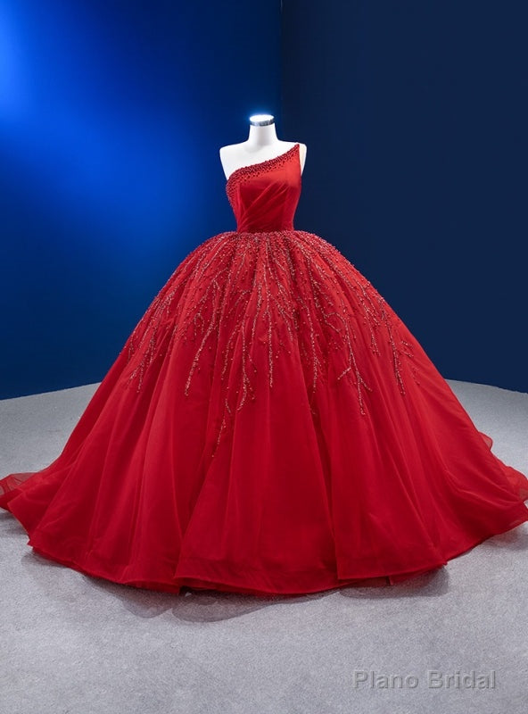 Red Tulle One Shoulder Beading Pearls Prom Dress Main image