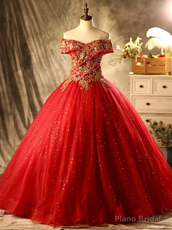 Red Tulle Sequins Beading Off the Shoulder Quinceanera Dress