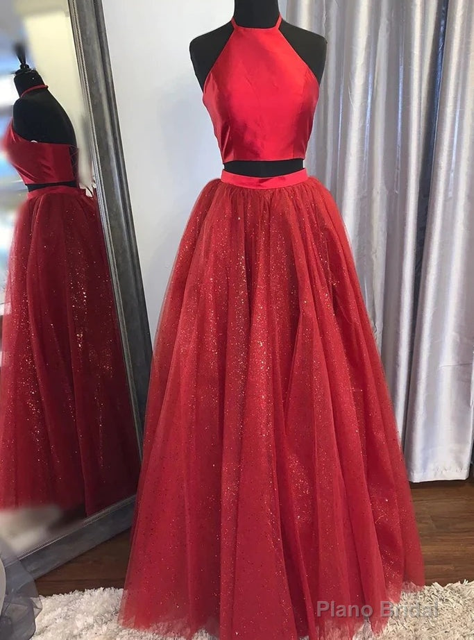 Red Tulle Sequins Two Piece Halter Prom Dress Main image