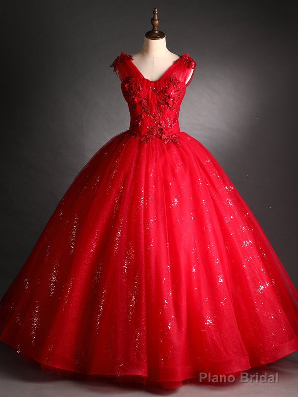 Red Tulle Sequins V-neck Appliques Beading Quinceanera Dress Main image