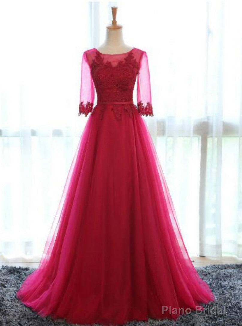 Red Tulle Short Sleeve Lace Bridesmaid Dress Main image