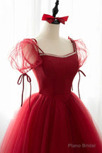 Red Tulle Short Sleeve Prom Dress, A-Line Floor Length Evening Graduation Dress