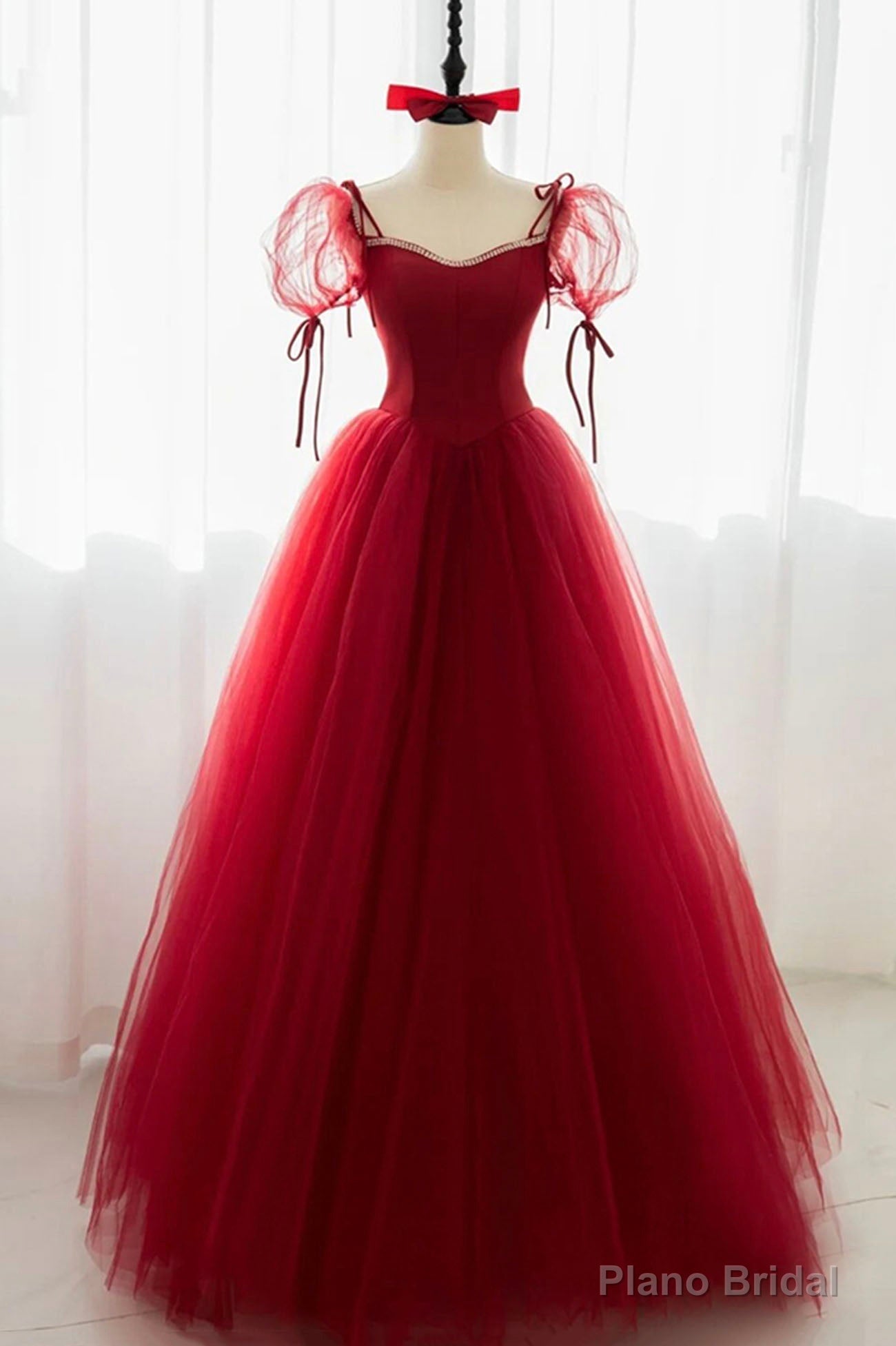 Red Tulle Short Sleeve Prom Dress, A-Line Floor Length Evening Graduation Dress