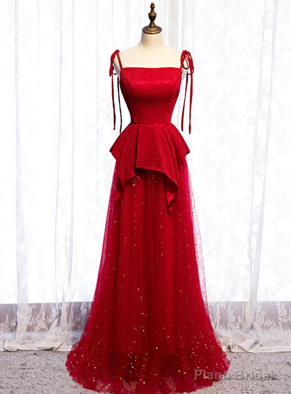 Red Tulle Spagehtti Straps Sequins Long Prom Dress