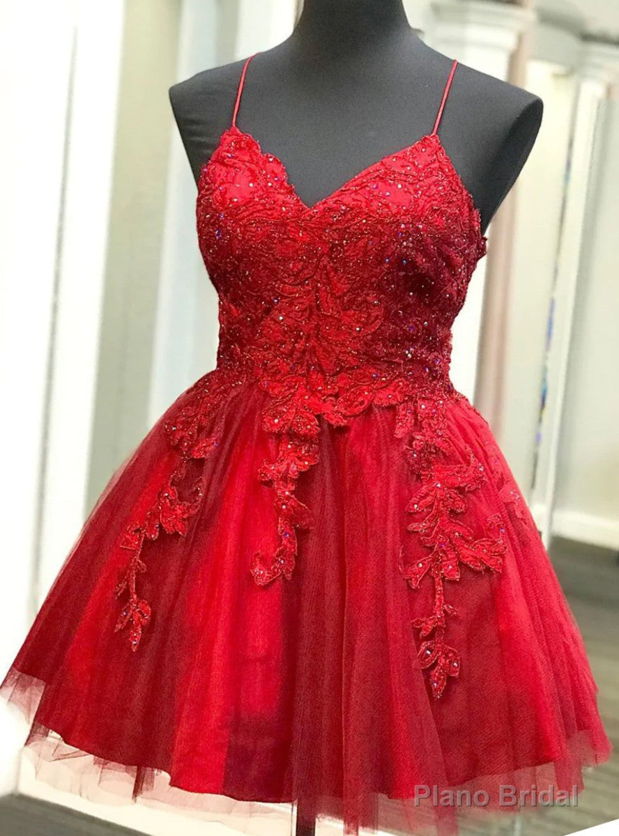 Red Tulle Spaghetti Straps Appliques Homecoming Dress Main image