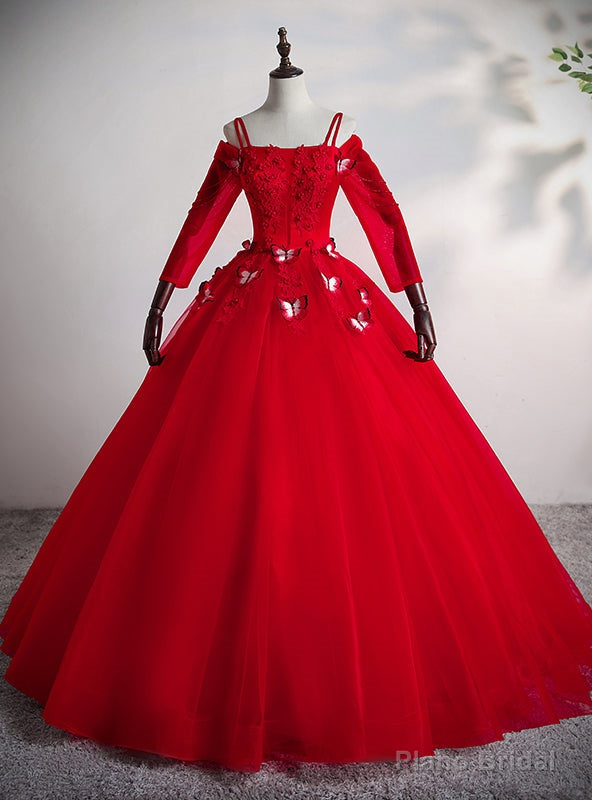 Red Tulle Straps Appliques Short Sleeve Quinceanera Dress Main image