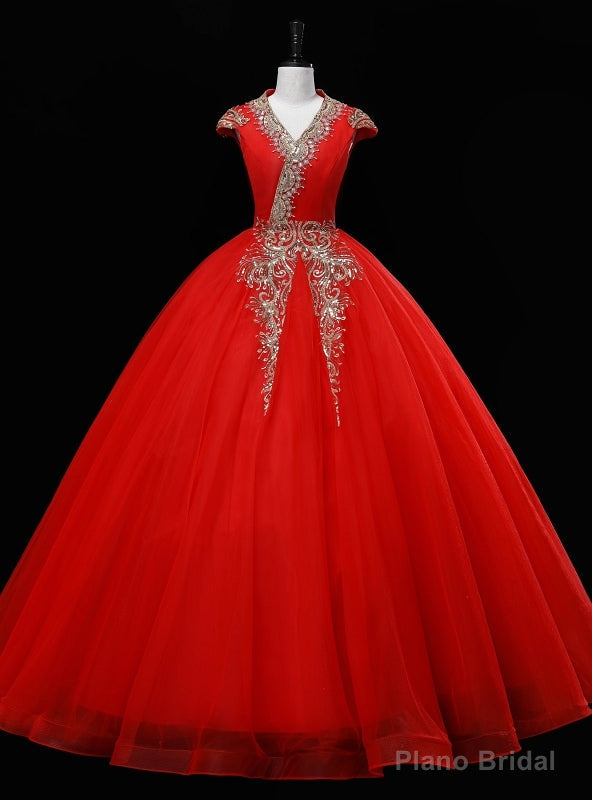 Red Tulle V-neck Cap Sleeve Sequins Beading Quinceanera Dress