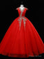 Red Tulle V-neck Cap Sleeve Sequins Beading Quinceanera Dress