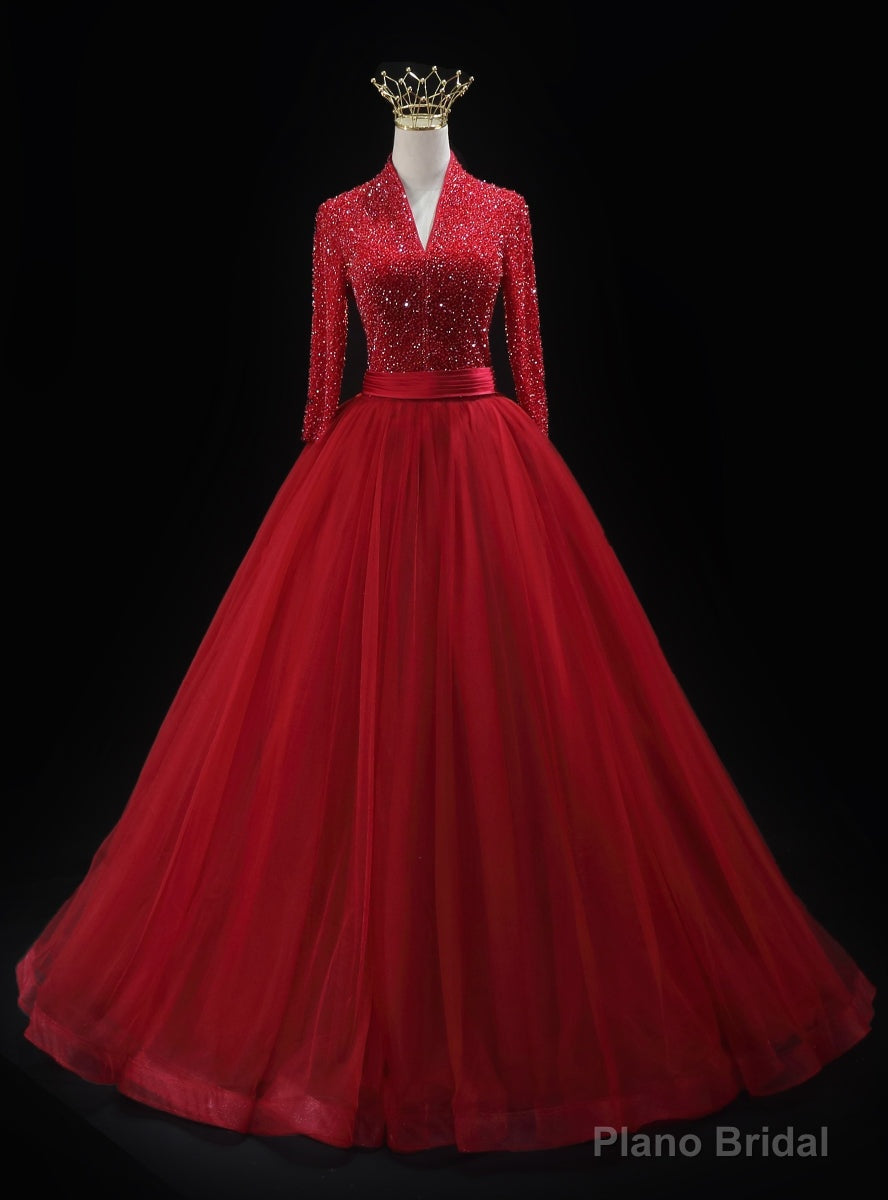 Red Tulle V-neck Long Sleeve Beading Prom Dress Main image