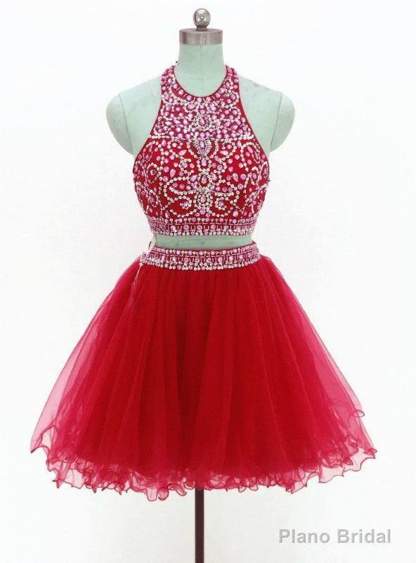 Red Two Piece Halter Tulle Backless Beading Homecoming Dress