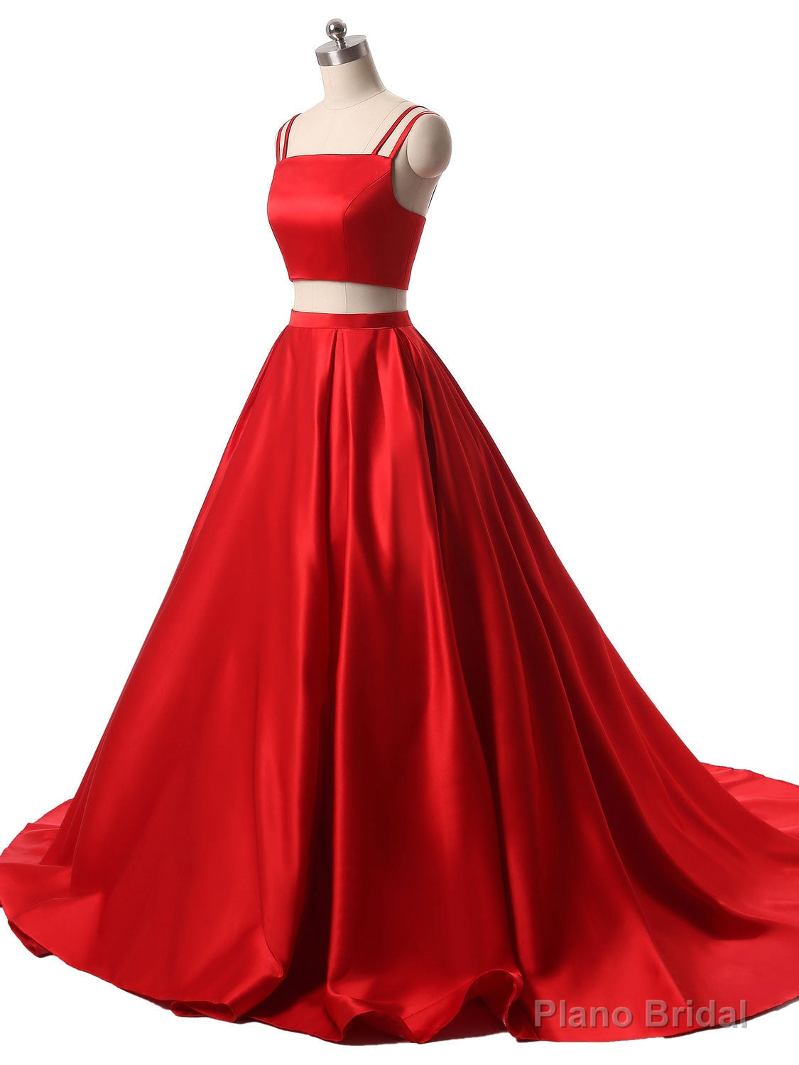 Red Two Pieces Satin Long Prom Dress, Red Satin Formal Evening Dress Main image