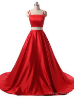 Red Two Pieces Satin Long Prom Dress, Red Satin Formal Evening Dress