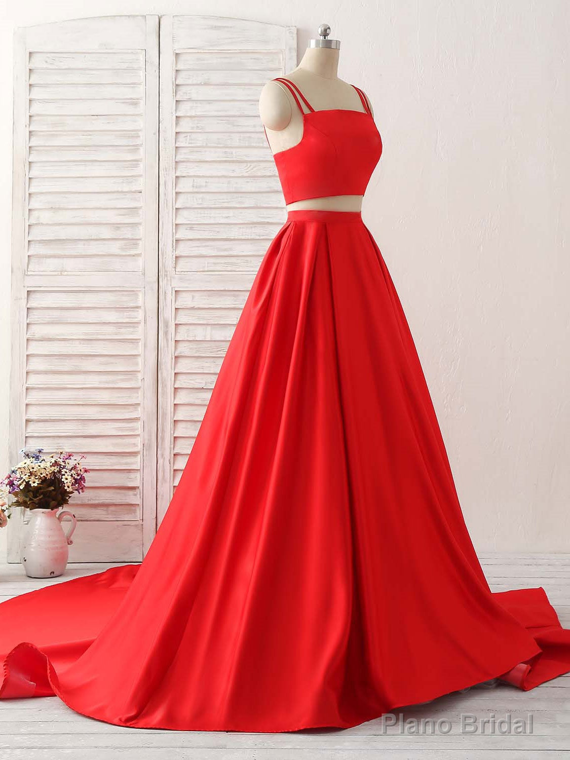 Red Two Pieces Satin Long Prom Dress Simple Red Evening Dress Secondary image
