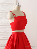 Red Two Pieces Satin Long Prom Dress Simple Red Evening Dress