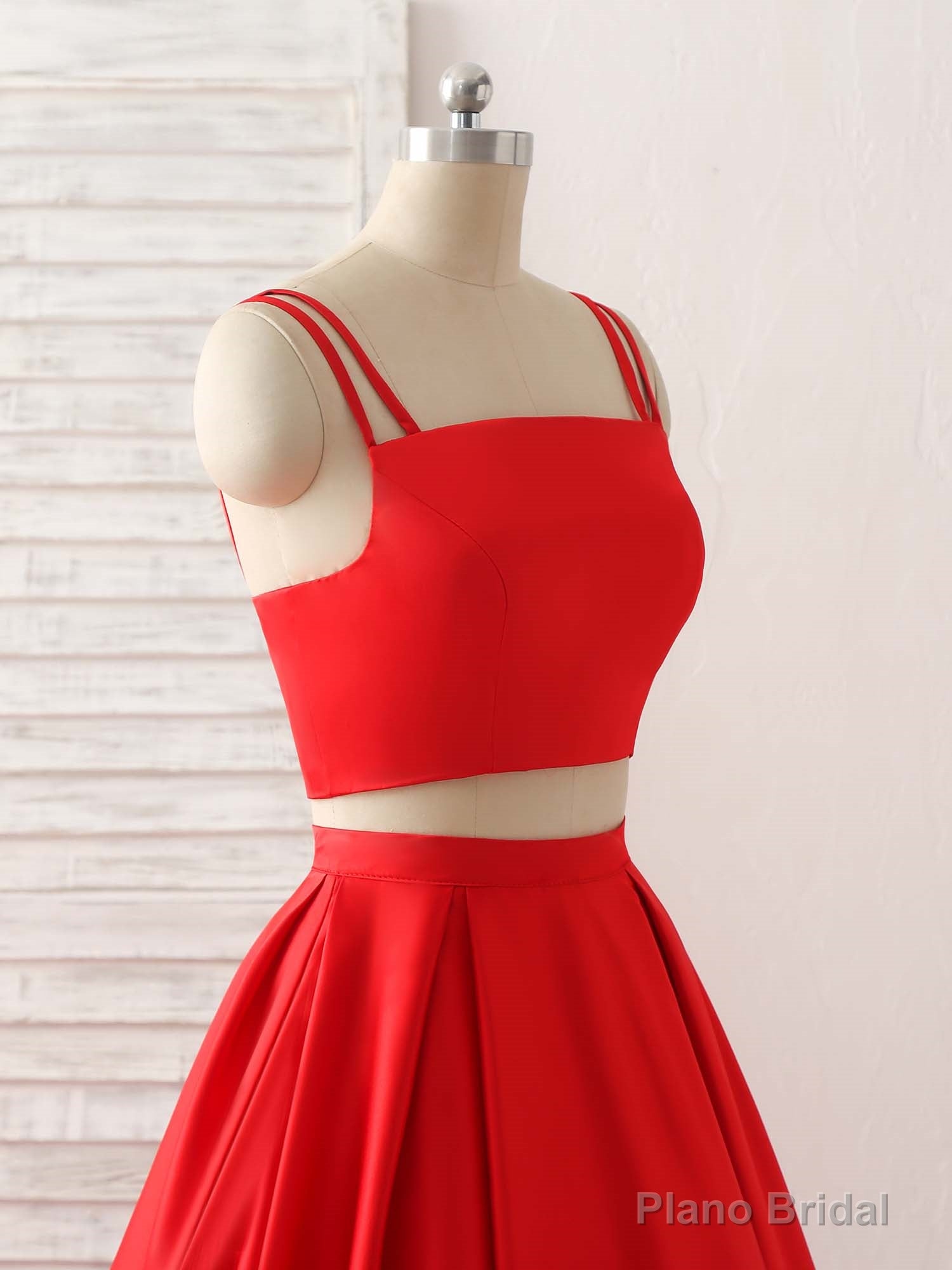 Red Two Pieces Satin Long Prom Dress Simple Red Evening Dress