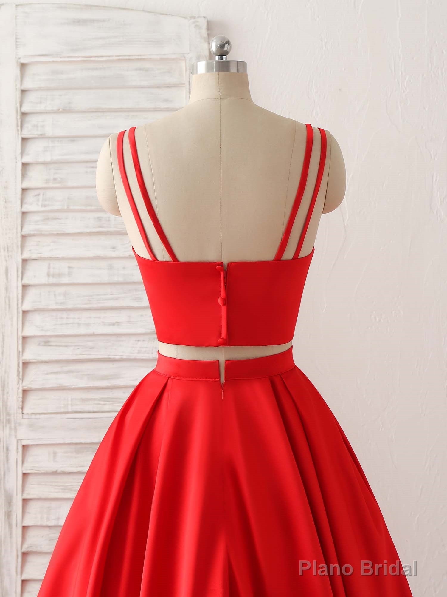 Red Two Pieces Satin Long Prom Dress Simple Red Evening Dress