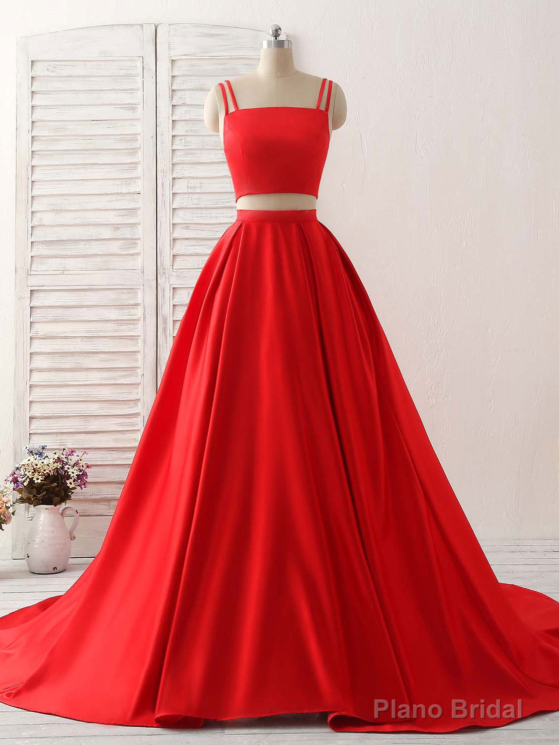Red Two Pieces Satin Long Prom Dress Simple Red Evening Dress