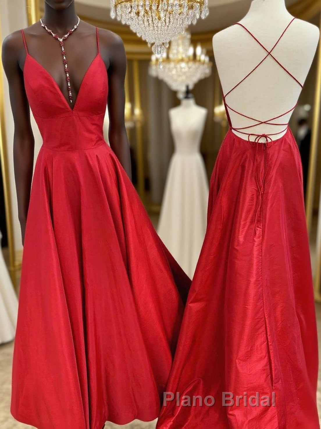 Red v neck backless satin long Formal Prom dress red evening dress Main image