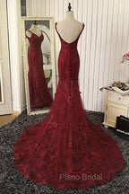 Red V Neck Lace Mermaid Long Formal Prom Dresses, Red Evening Dresses