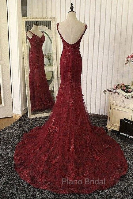Red V Neck Lace Mermaid Long Formal Prom Dresses, Red Evening Dresses