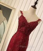 Red V Neck Lace Mermaid Long Formal Prom Dresses, Red Evening Dresses