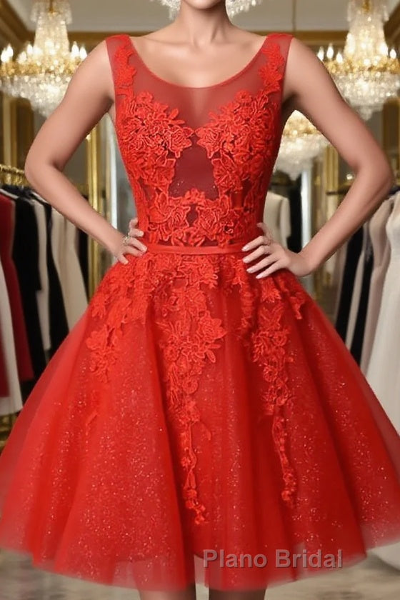 Red v neck lace tulle short Formal Prom dress, red homecoming dress Main image
