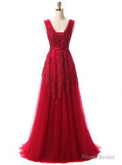 Red V Neck Long Lace Appliques Prom Dresses