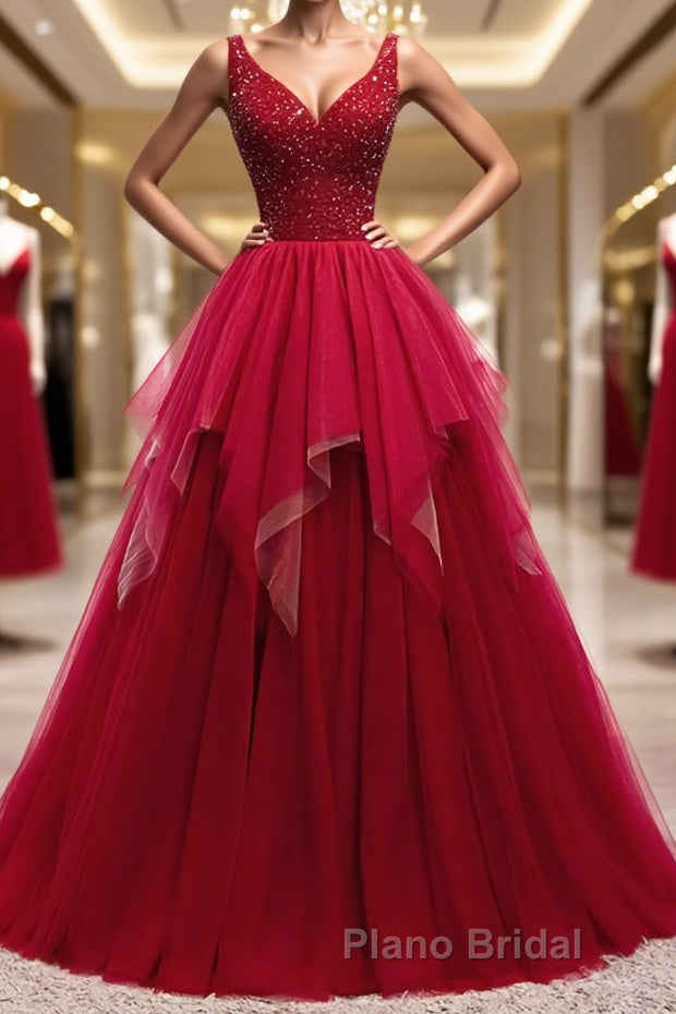 Red V Neck Long Formal Prom Dresses with Corset Back, Red Floor Length Formal Prom Gown, Evening Dresses Main image