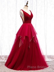 Red V Neck Long Formal Prom Dresses with Corset Back, Red Floor Length Formal Prom Gown, Evening Dresses