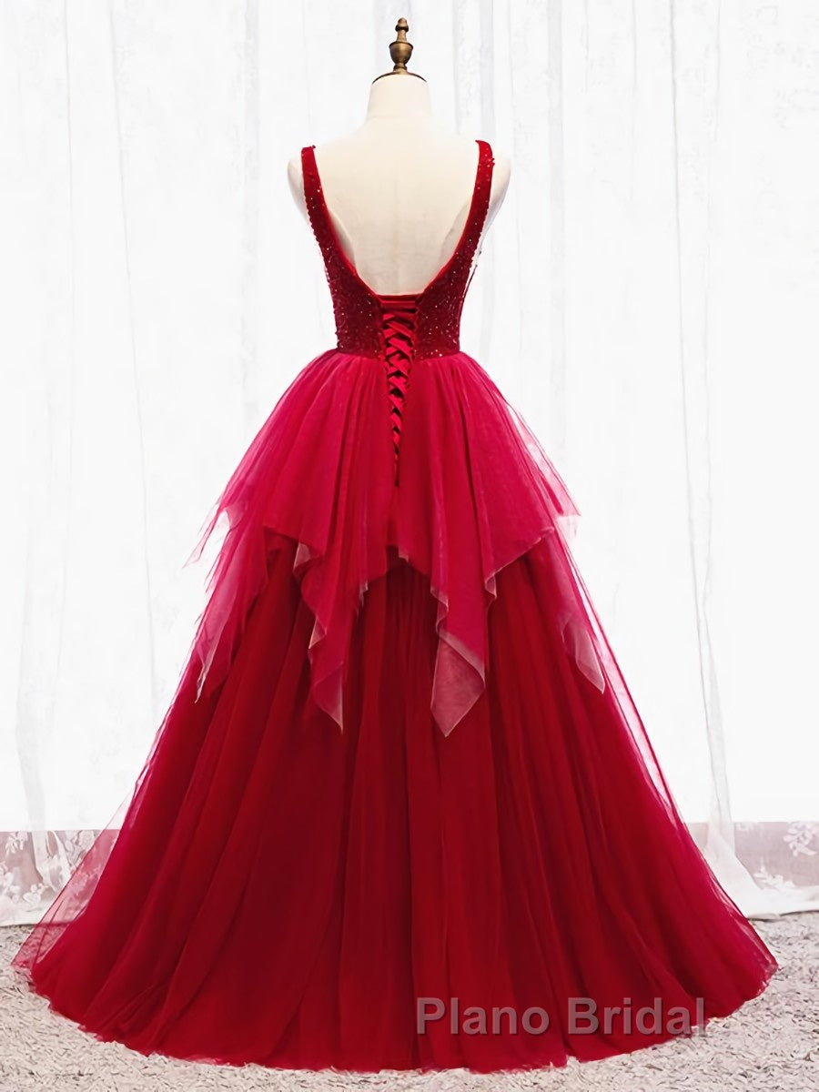 Red V Neck Long Formal Prom Dresses with Corset Back, Red Floor Length Formal Prom Gown, Evening Dresses