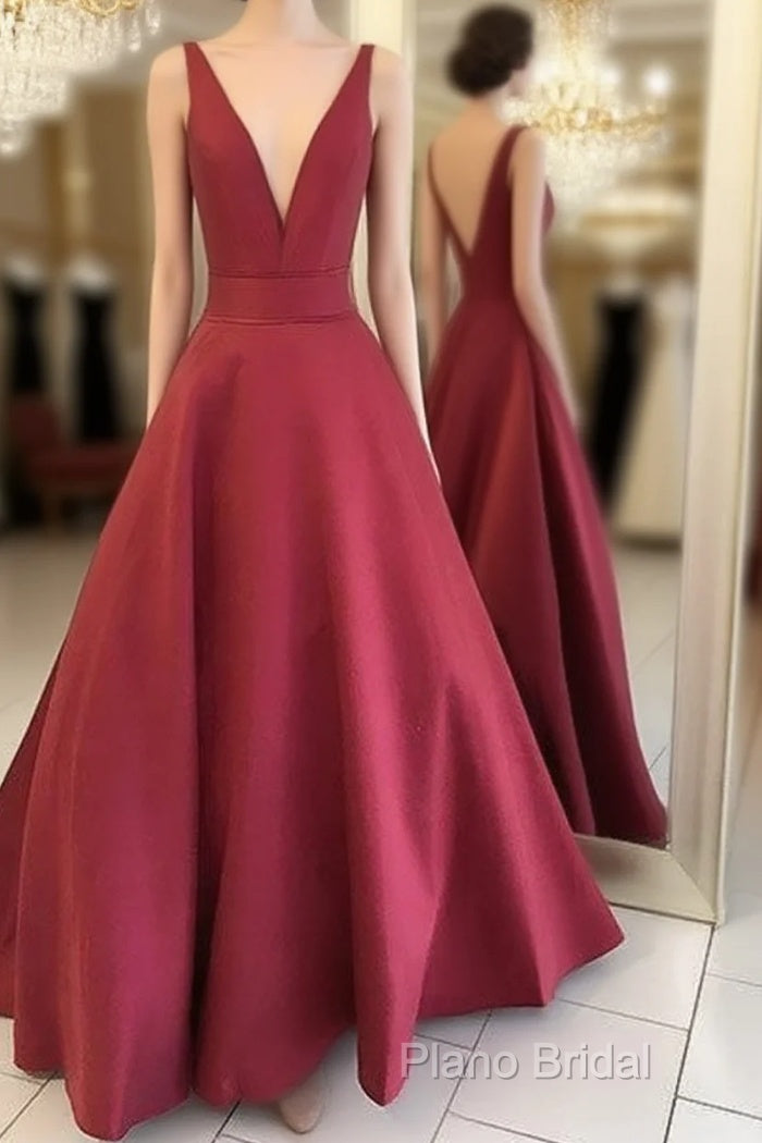 Red V Neck Satin Long Formal Prom Dresses, Red Formal Dresses Main image